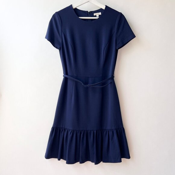 Shoshanna Navy Short Sleeve Ruffle hem belted sheath Dress, Size 6 O40 - Picture 2 of 8